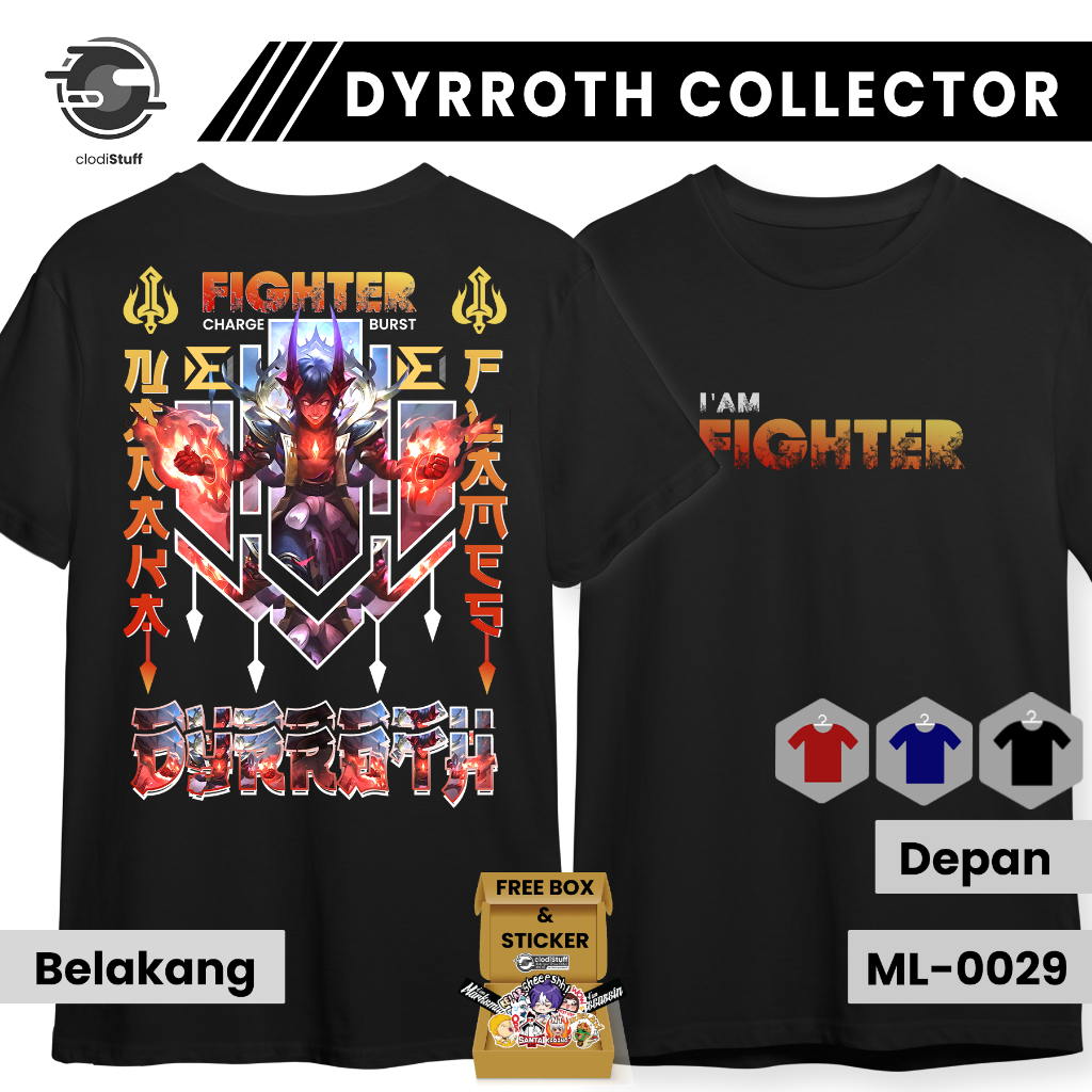 Kaos MLBB DYRROTH COLLECTOR SKIN NARAKA FLAMES Mobile Legends Lengan Pendek Hitam Combed 24s