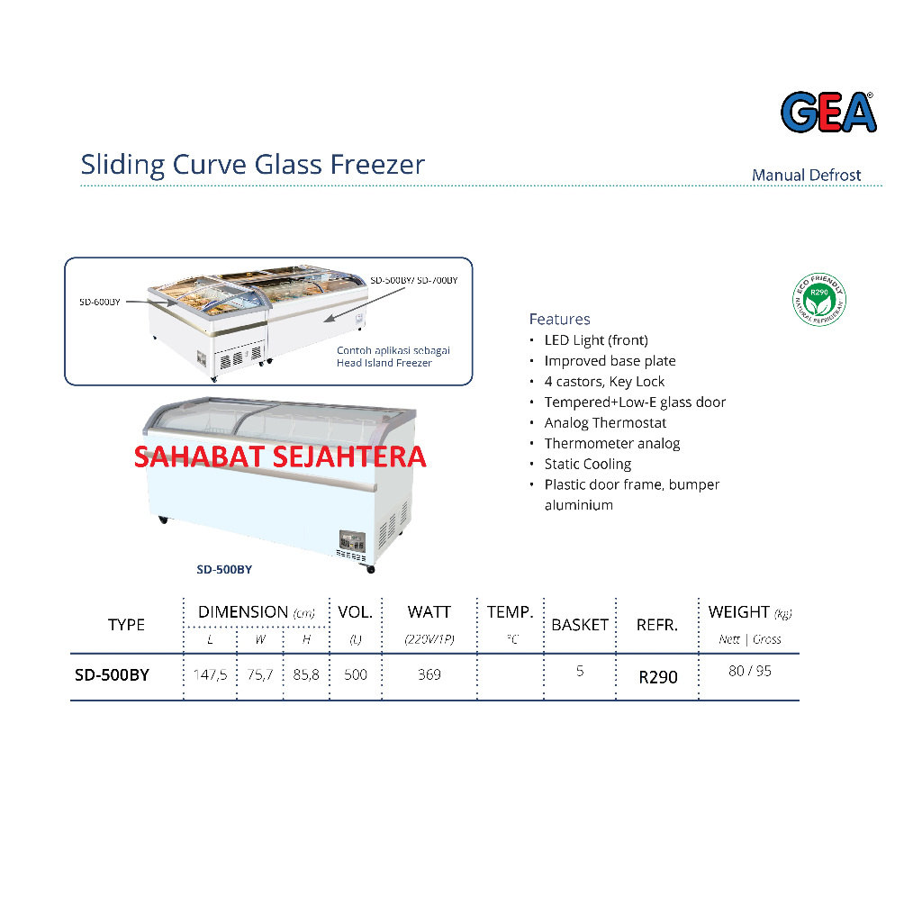 GEA Sliding Curve Glass Freezer 500L SD-500BY - Freezer Kaca Lengkung Geser