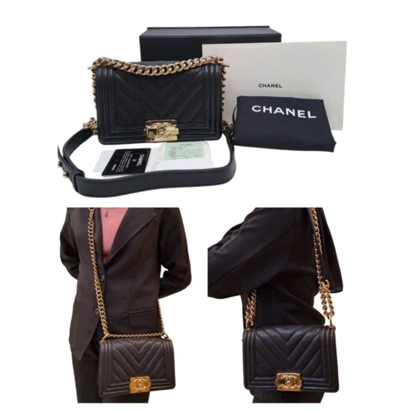 *Very Good Condition‼️* Chanel boy small 20cm chevron black caviar ghw seri 27.