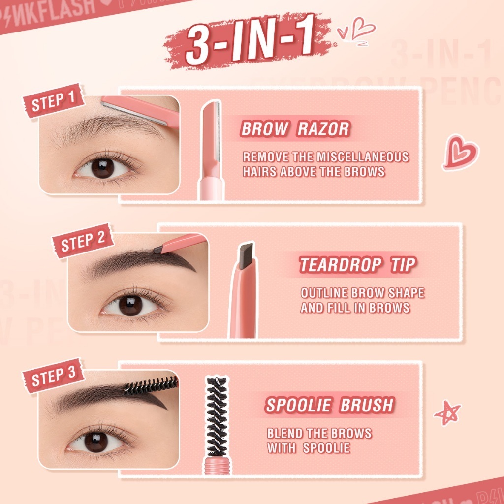 PINKFLASH PinkDefiner 3-in-1 Multi Use Eyebrow Pencil Long Lasting Smooth Stroke