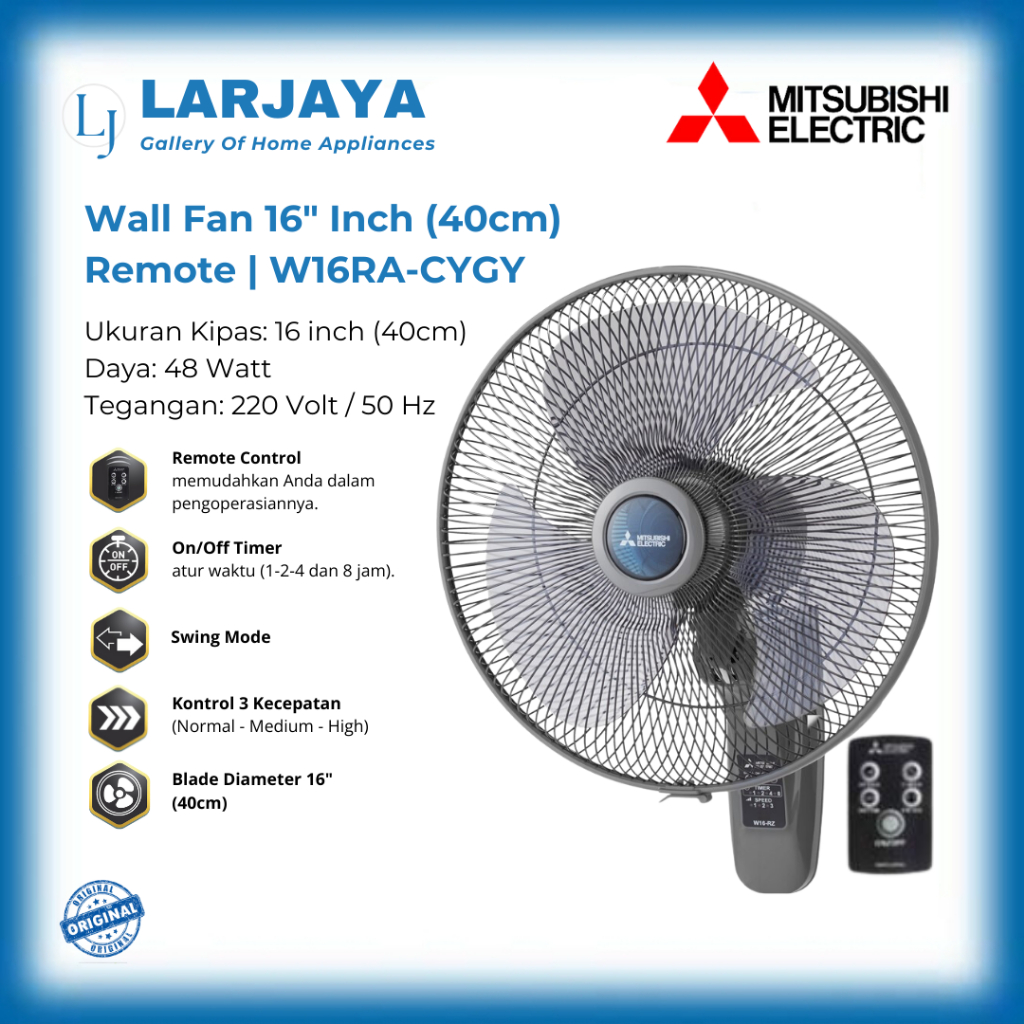 Kipas Angin Dinding Mitsubishi W16RACYGY 16" Abu-abu dengan Remote Control