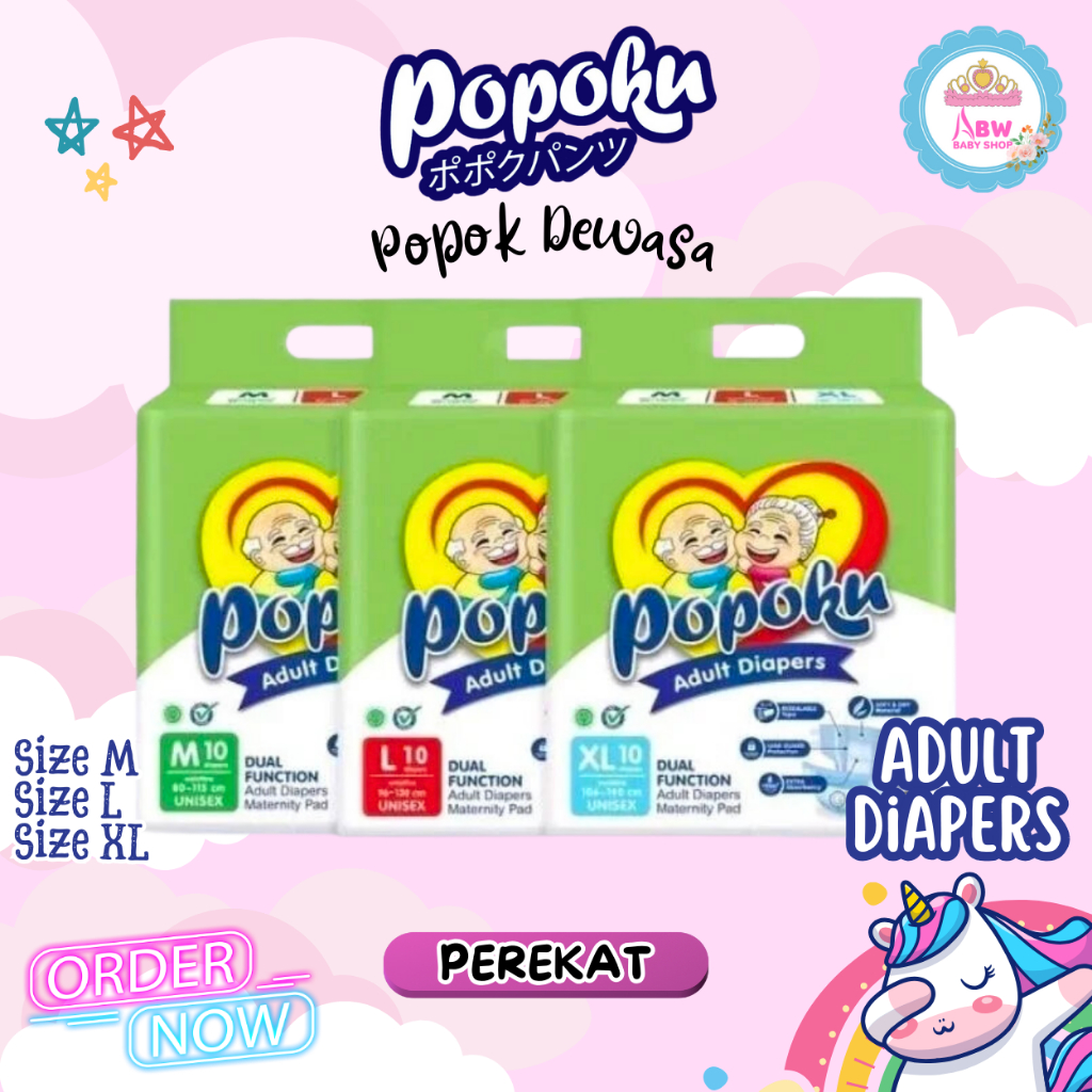 POPOKU Popok Dewasa Tipe Perekat Isi 10 Pcs Popoku Adult All Size (M L XL) Popok Sekali Pakai