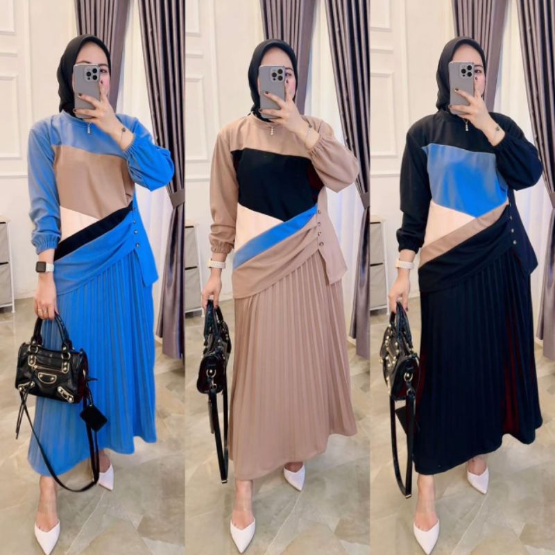 Naura One Set Rok Stelan Kekinian Matt Knit Mix Plisket