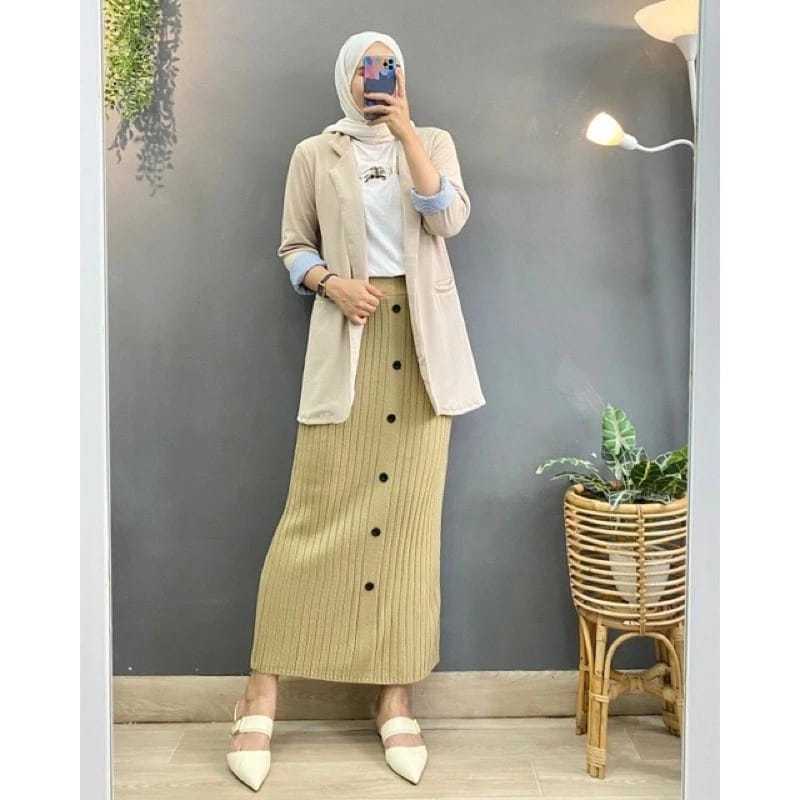Rok Rajut Span Kancing - Rok Rajut Premium - Rok Rajut Panjang - Rok Rajut Wanita - Knit Skirt