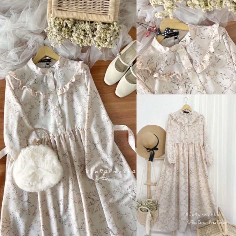 Mysha iwearmysha Gamis Motif Bunga Terbaru RUFFLES DRESS : VIERA CREAM