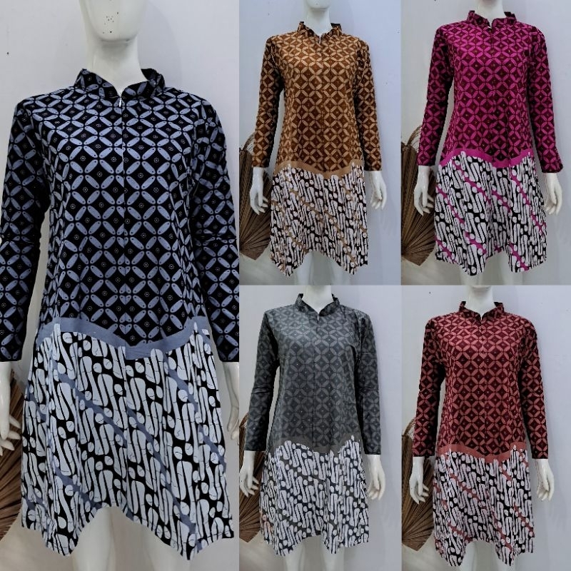 tunik batik kombinasi kawung - tunik kekinian - tunik jumbo
