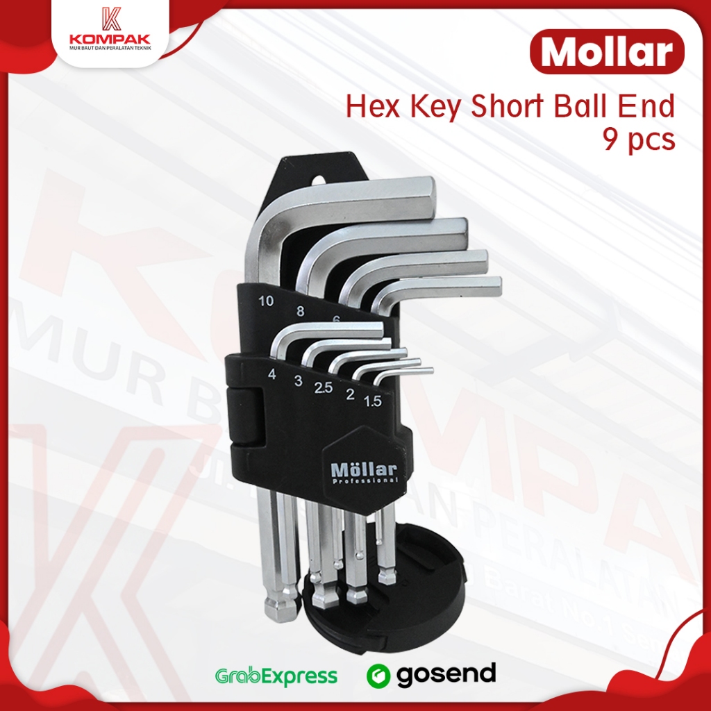 MOLLAR 650112 9 Pcs Kunci L Set Ballpoint Pendek Hex Short 1.5 - 10 mm Original