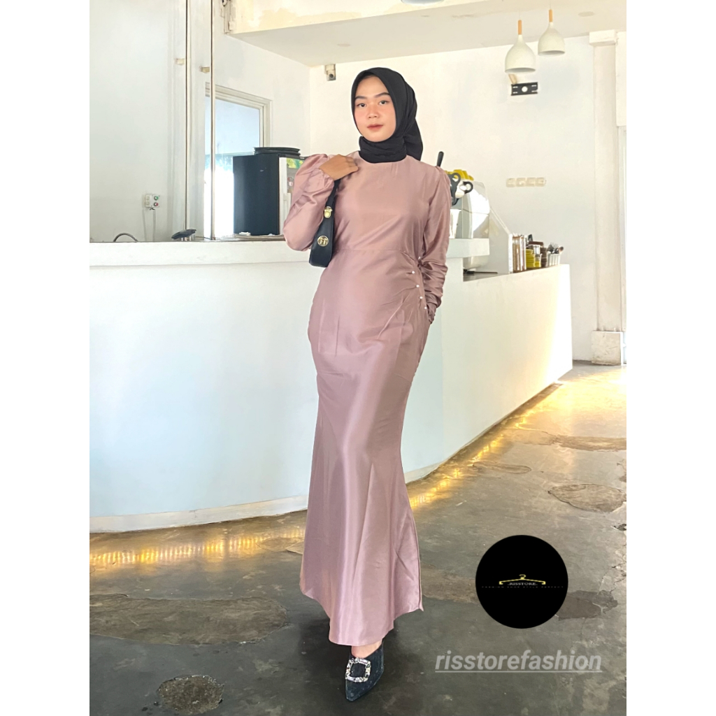 Elora Dress Kondangan Payet Mutiara Satin Maxmara Premium Polos Gamis Bridesmaid Pesta Mewah