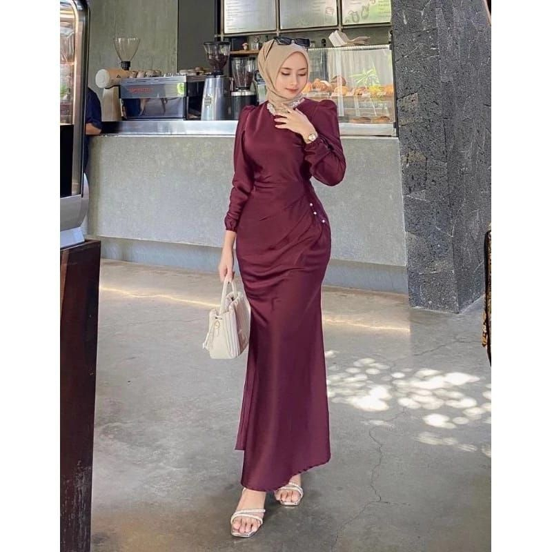 Elora Dress Kondangan Silk Satin Maxmara Premium Polos Wanita Payet Mutiara Gamis Bridesmaid Pesta