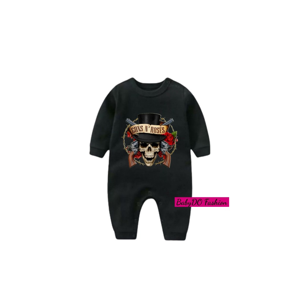 BabyDo Romper Bayi Motif GUNS & ROSES TENGKORAK/Sleepsuit Bayi Laki Laki & Perempuan Usia 0-12 Bulan