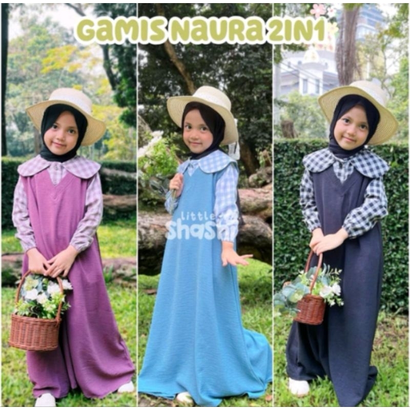 Gamis anak NAURA motif kotak outer bahan katun dan cringkle airflow 1th -10th, Gamis 2in1