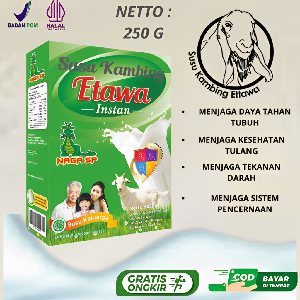 

Susu Kambing Etawa Bubuk Naga SP 250g Murni Mengatasi Masalah Asam Lambung Pernapasan Asma dan TBC