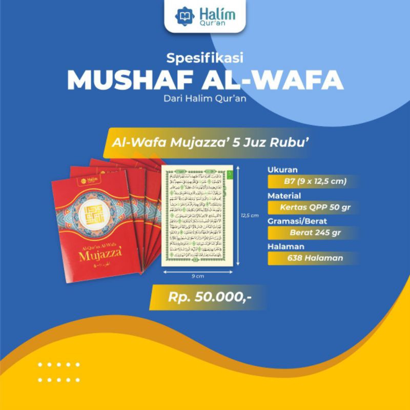 ALQURAN HALIM AL-WAFA MUJAZZA PER 5 JUZ UKURAN B7 SAKU