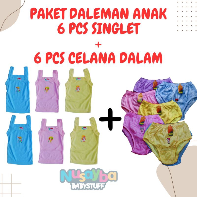 PAKET HEMAT 6 PCS SINGLET TANKTOP ANAK PEREMPUAN + CELANA DALAM ANAK PEREMPUAN / SINGLET BAYI ANAK L