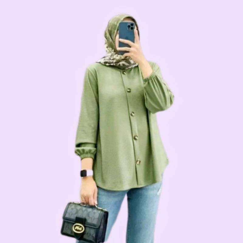 Naila Klamby_Baju Kemeja Wanita Jumbo Blus Atasan Kantoran Lengan Karet Kemeja Muslim Leher Shanghay