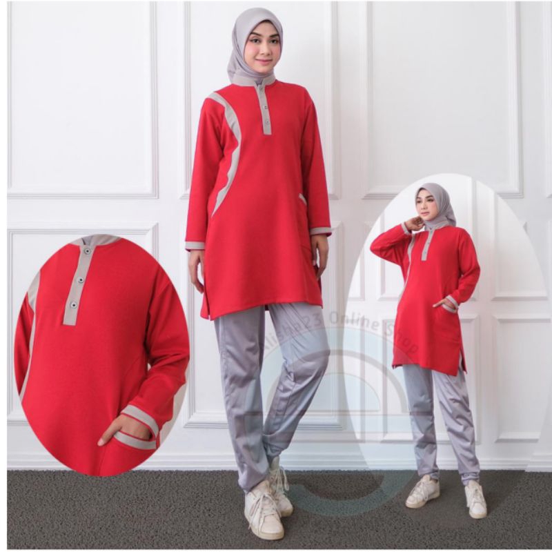 Setelan Baju Olahraga Wanita Muslimah/Seragam kaos olahraga dewasa model tunik syar'i terbaru lengan