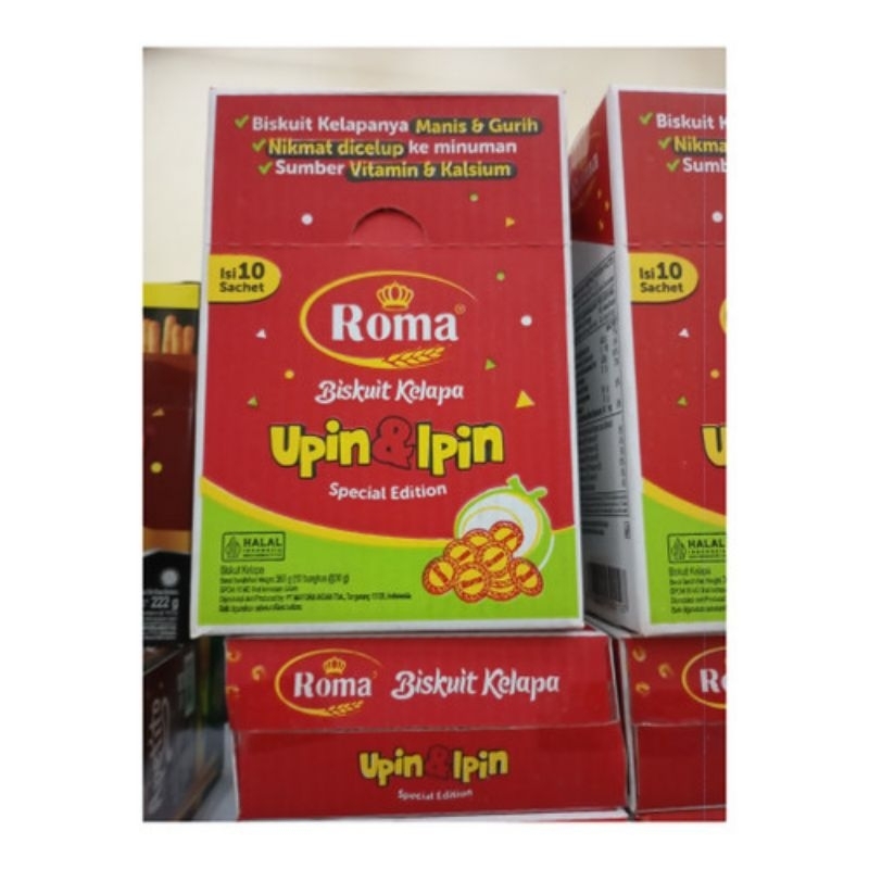 

ROMA BISKUIT KELAPA SASET EDISI UPIN IPIN 1 BOX ISI 10 BKS X 36 GR