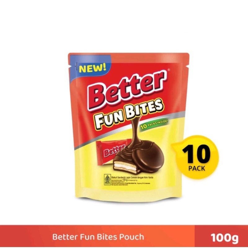 

Better Fun Bites Biscuit Pouch (10pcs x @10gr) Better Sandwich Biskuit Vanila Coklat / Biskuit Kemasan Pouch / Sandwich Krim Vanilla / Better Share It Biscuit Fun Bites Pouch / Biskuit Berlapis Coklat / Hamper Ultah / Family Pack / Snack Ulang Tahun Anak