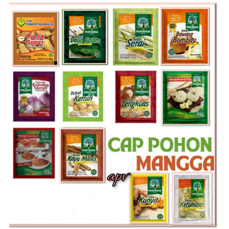 

bumbu masak bubuk cap pohon mangga isi 3 sachet cabai rawit,bawang bombay,bawang merah,bawang putih,kemiri,kunyit,ketumbar,lengkuas,serai,kayu manis,pala super