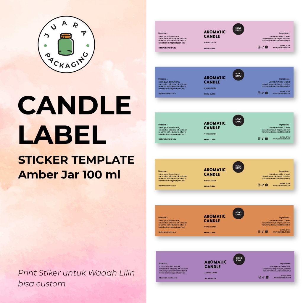 

[COSTUM] Print Candle Lable Sticker Template untuk Jar Amber Kaca 100ml Warna Pastel Wadah Lilin Kaca Amber 100 ml