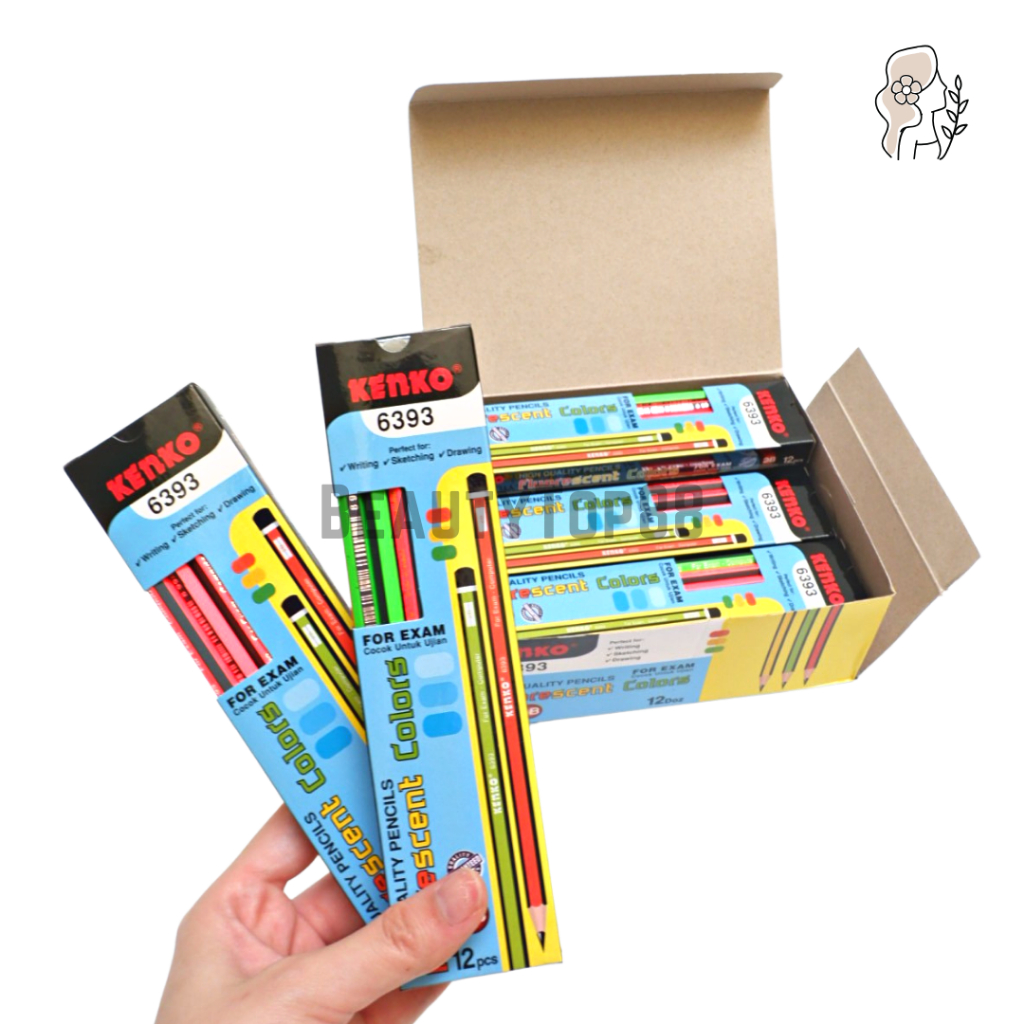 

[ISI 12 PCS] Pencil 2B Kenko 6393 Fluorescent Colors - Pensil Kayu Warna Neon Komputer Ujian Lusinan Grosir