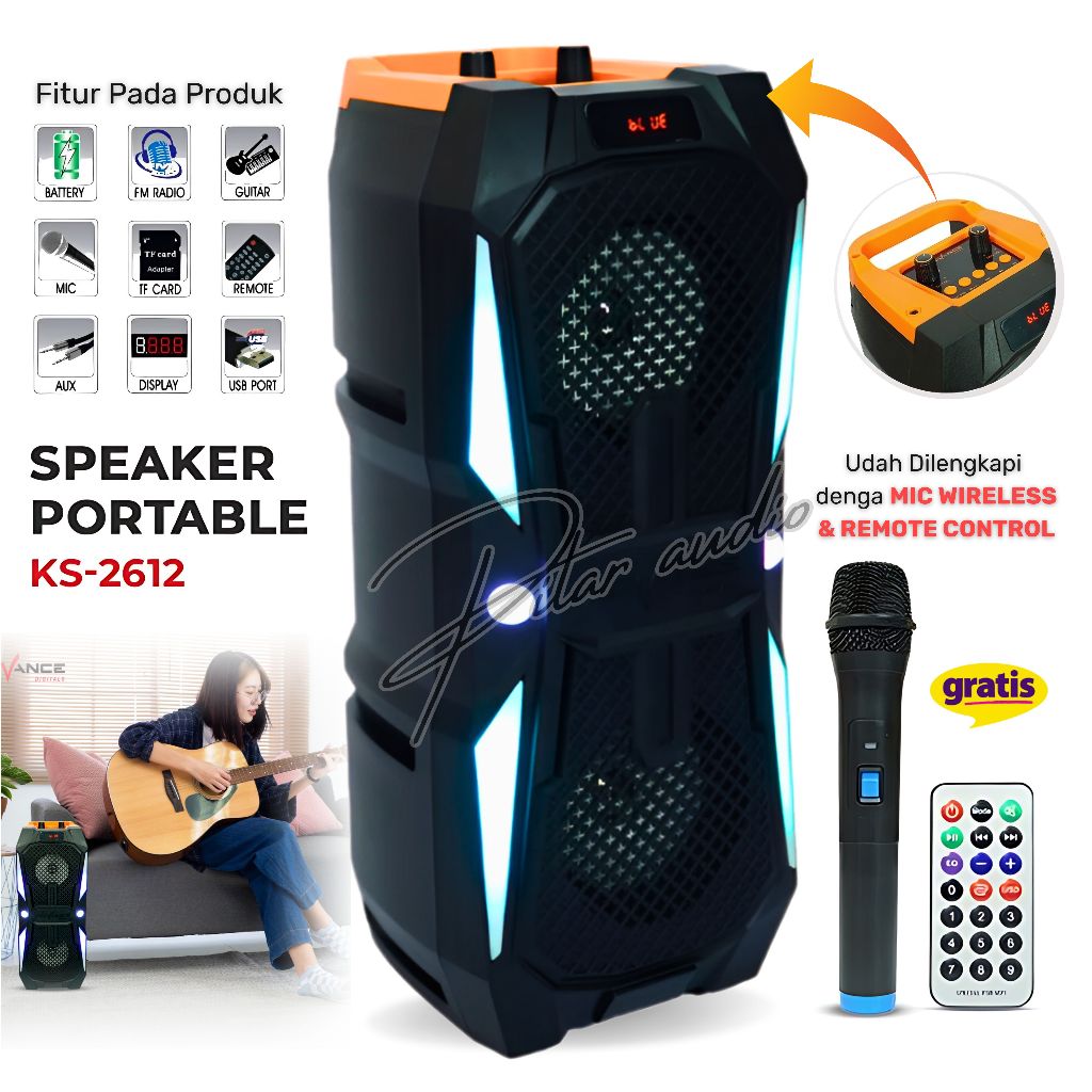 Speaker Bluetooth Super Bass Advance KS-2612 Gratis Microphone Karaoke Subwoofer 4 Inch