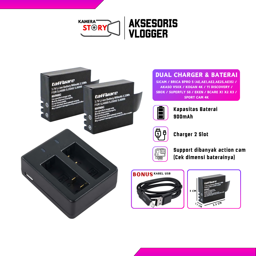 Dual Charger & Battery Baterai Kogan 4k / Yi Discovery / SJcam / EKEN / BPro 5 / Akaso v50x / Bcare