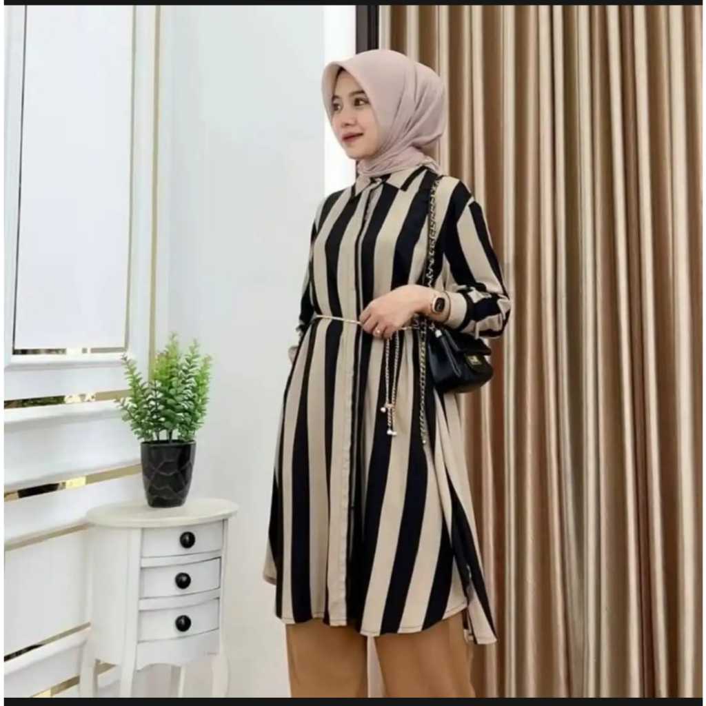 Tunik Motif Salur Muslim Lengan Panjang Bahan Katun Premium