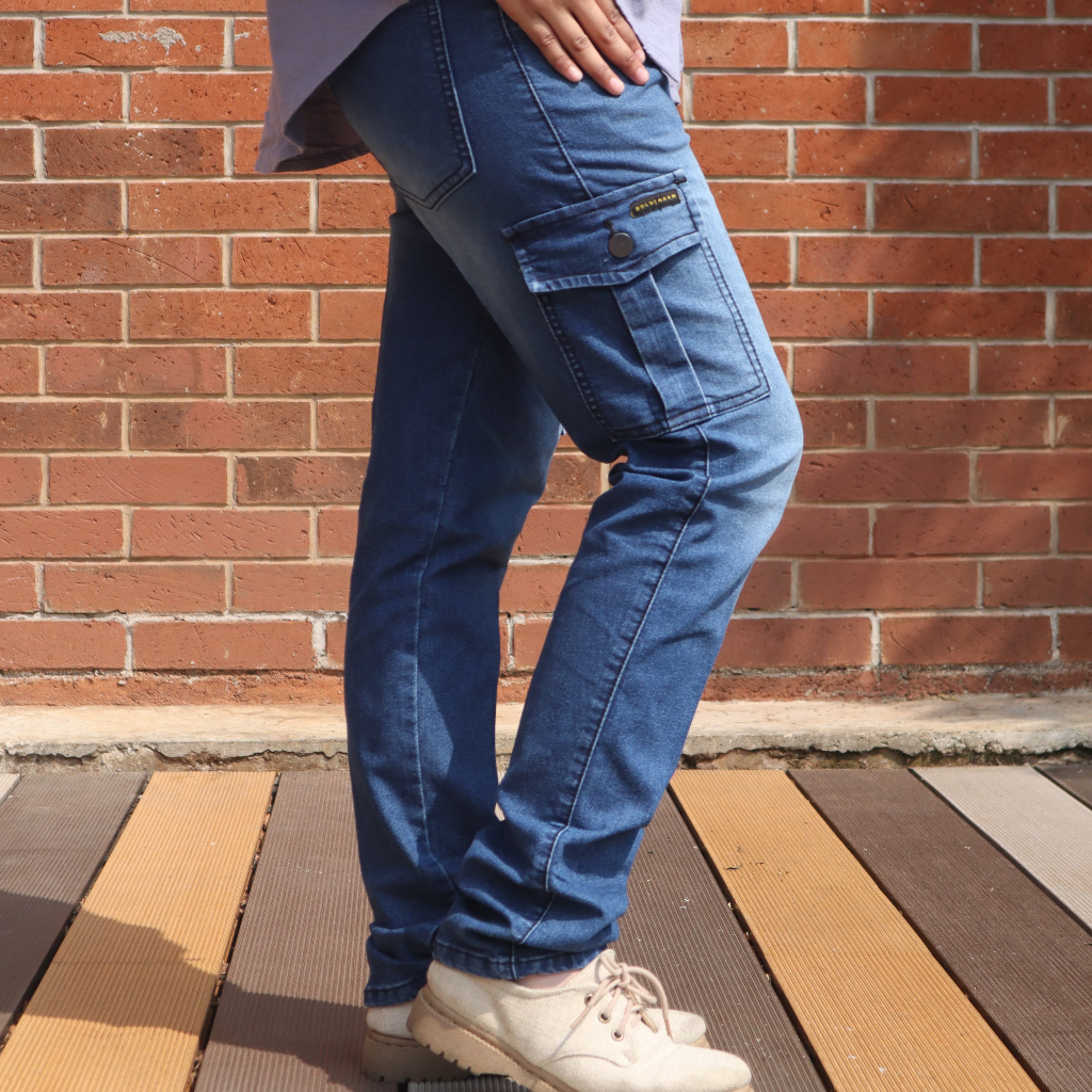 Celana Jeans Panjang Wanita Slim Cargo Stone Wash Wisker