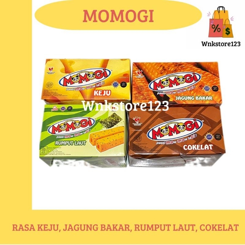 

Momogi snack stik rasa keju, jagung bakar, rumput laut, coklat kemasan 1 box isi 20bungkus