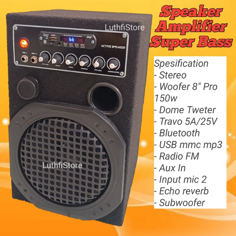 Speaker Aktif Bluetooth Karaoke Super Bass Mic Echo Rakitan 8 Inch Combo 5A socket output pasif ster