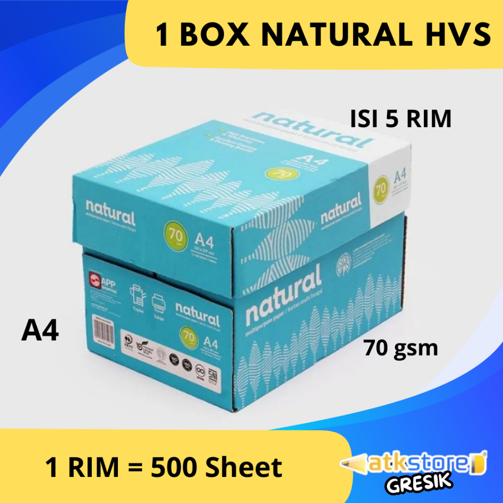 NATURAL Kertas HVS A4 70 GSM 1 BOX/5 RIM  Kertas Print Fotocopy Kertas Cetak Tebal Murah
