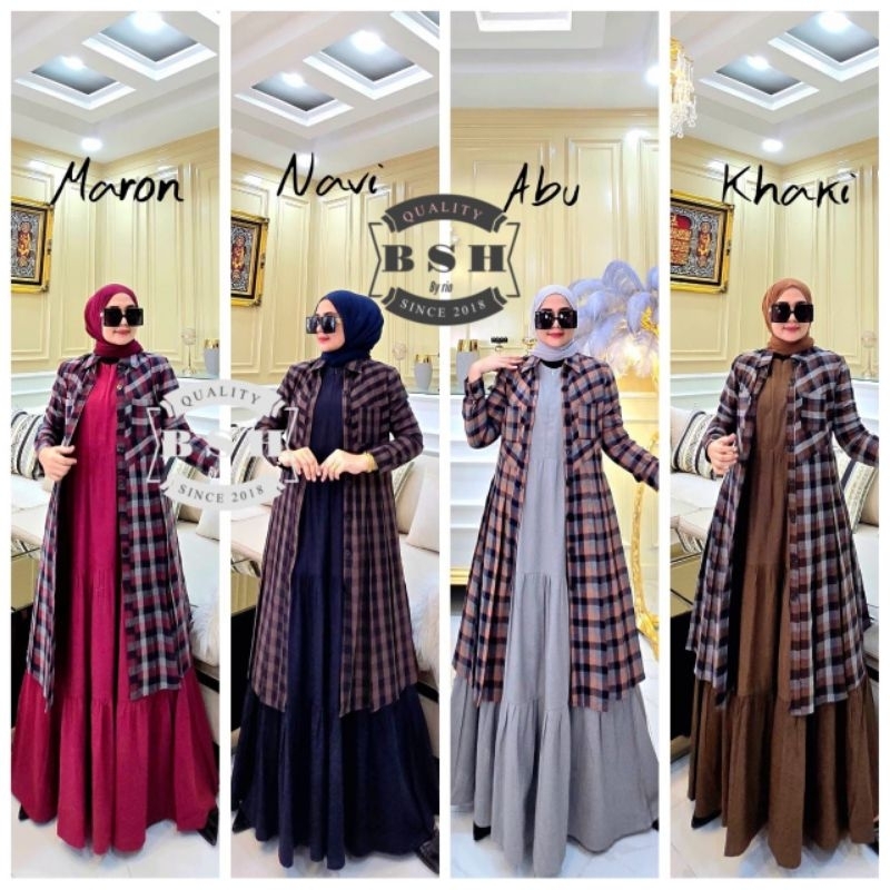 gamis rompi lepas kotak bahan flanel linen dan rayon tuwil yang nyaman best seller dari b shop by ri
