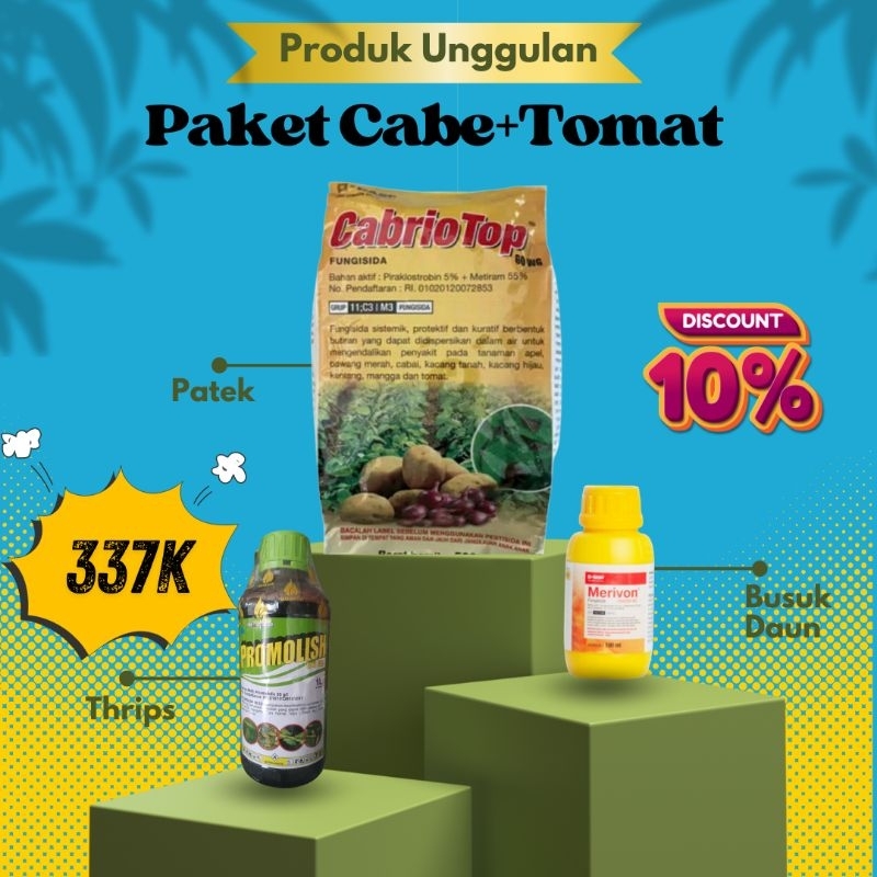 Paket Unggulan Pestisida untuk Tanaman Cabai & Tomat - CabrioTop 250gr + Promolish 200ml + Merivon 1