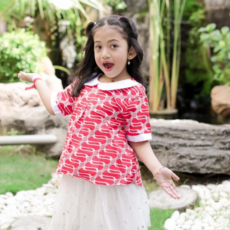 BLUS BATIK ANAK RED CHERRY ATASAN ANAK PEREMPUAN MURAH MERAH PUTIH BAHAN KATUN