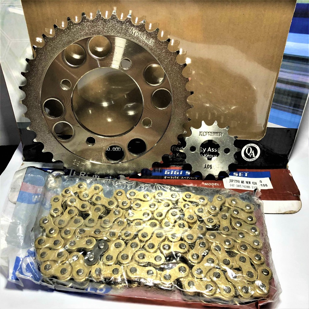 GEAR SET KC PREMIER YAMAHA JUPITER MX 135 NEW (50C) 428H-14/38T GIR SET JUPITER MX NEW RANTAI (GOLD)
