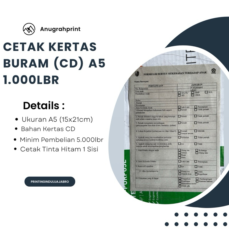 

Cetak Kertas Buram CD Ukuran A5 1 Rim Kebutuhan Kuesioner Catatan Hotel Data Puskesmas Rumah Sakit Satu Sisi