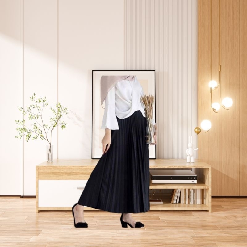 Rok Plisket Hitam Panjang Motif Premium  Rempel Mayung Polos