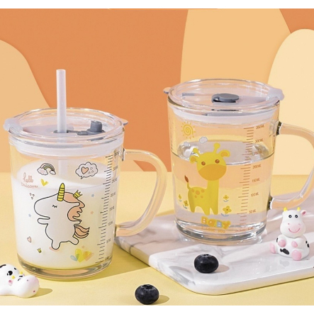 Gelas Minum KACA Anak Motif Animal 400ML + Sedotan /Gelas Cangkir Kaca / Gelas Minum Kaca Motif Anim