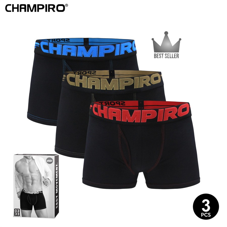CHAMPIRO - Celana Dalam Boxer Pria 'BlackBoxer' - Boxer Sport Pria - isi 3pcs