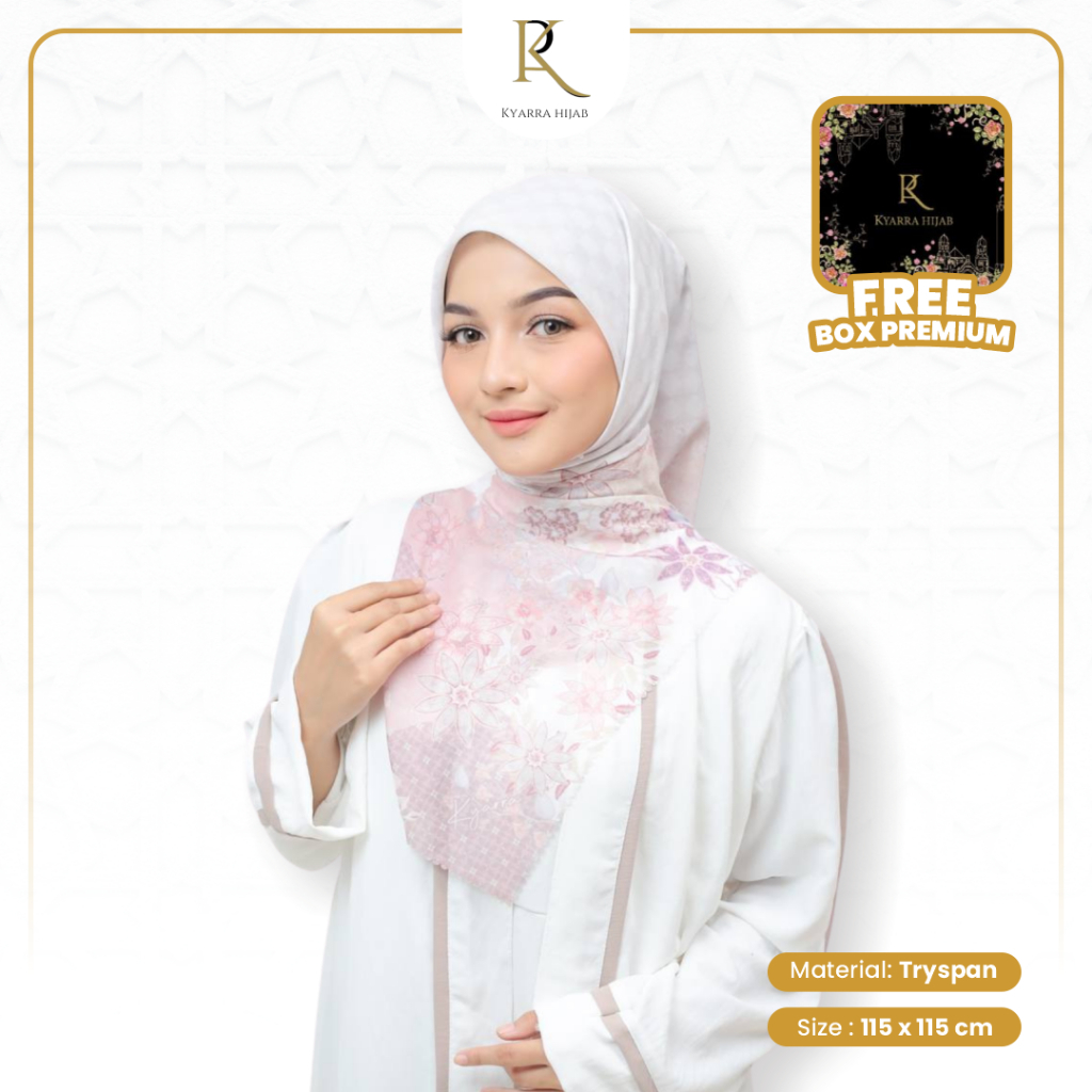 Jilbab Segiempat Motif Hijab Premium Printing Padmarama Putih Tulang 115x115Cm Hampers Scarf Tryspan
