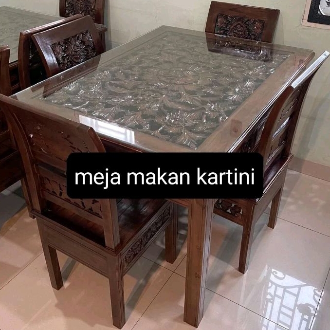 Meja Makan Ukir Kayu Jati 4 Kursi Plus Kaca
