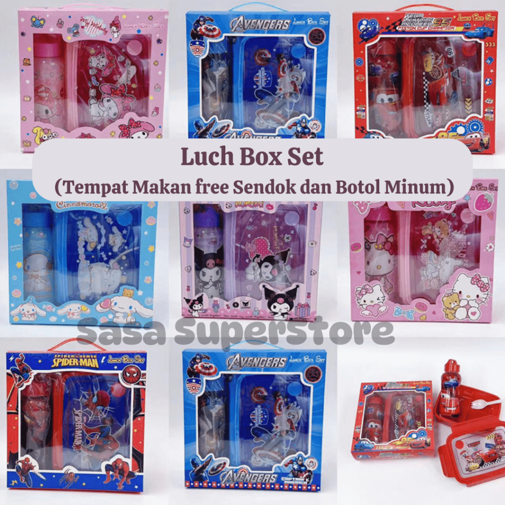 SASA BEBE | LUNCH BOX SET ANAK | SET KOTAK MAKAN 3 SEKAT DAN BOTOL MINUM ANAK 350ML SANRIO KUROMI ME