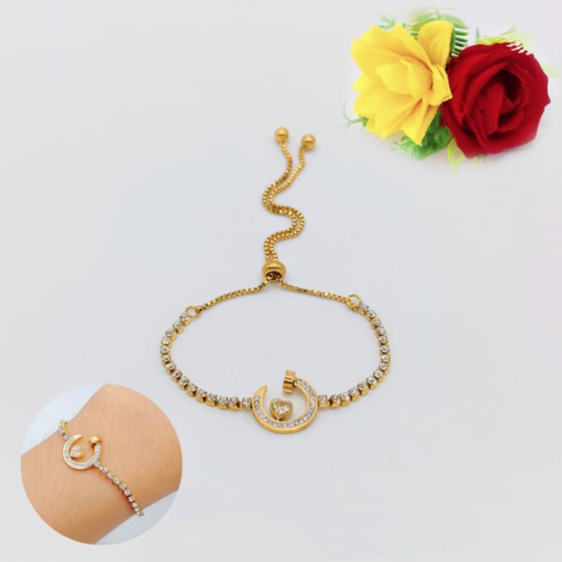 Gelang tangan serut paku full permata love titanium fashion wanita