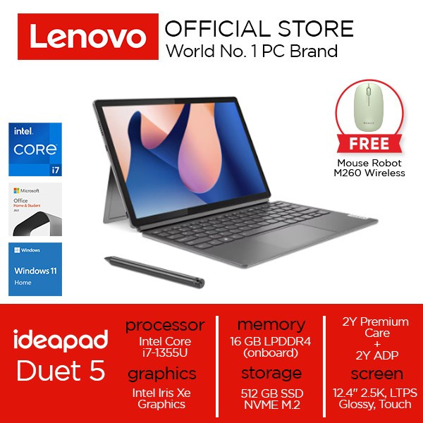 Lenovo IdeaPad Duet 5i 12IRU8 Intel® Core™ i7-1355U Win 11 16GB Soldered 512GB SSD 12.4" 2.5K (2560x