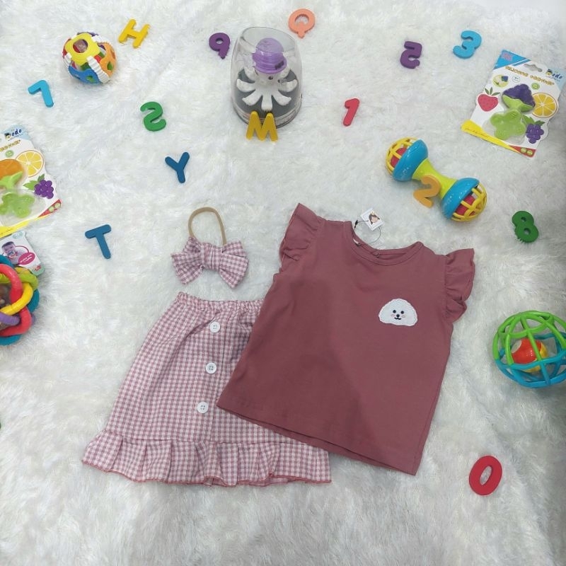 baju anak set rok kancing depan dan pita
