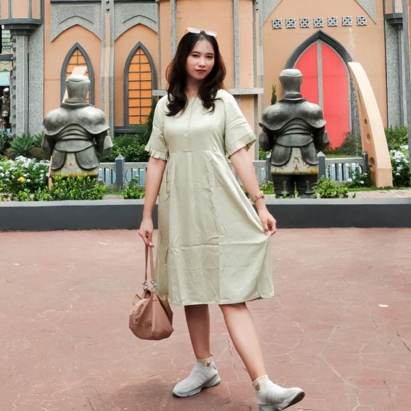 DIANDRA DRESS SAGE GREEN KOREAN STYLE RAYON TWILL IMPORT PREMIUM | DASTER BUMIL BUSUI FRIENDLY