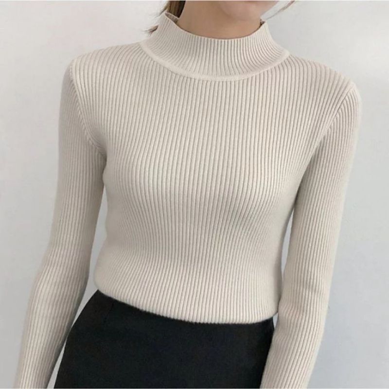 Kaos Turtleneck Bahan Rajut / Kaos Polos Lengan Panjang Kerah Tinggi / Kaos Kerah Tinggi Wanita