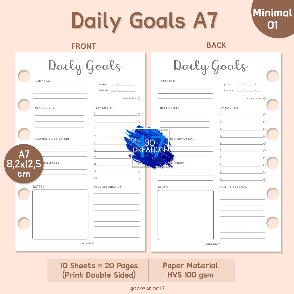 

Buku Planner Refill Kertas Isi Binder Daily Goals Simple Minimalis A7