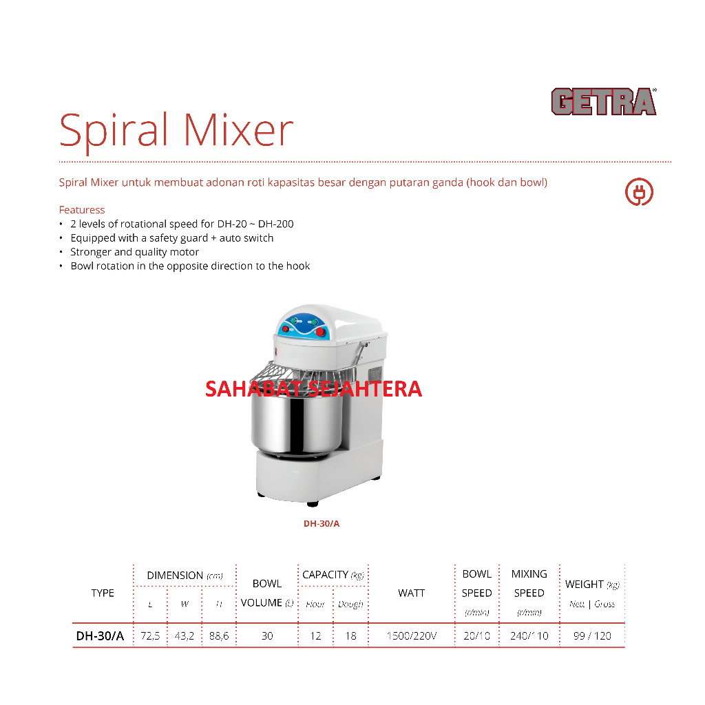 GETRA Spiral Mixer Roti Adonan Tepung DH-30/A | Mesin Pengaduk Adonan Kental Heavy Duty